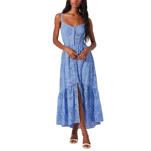 Astr The Label 'Yamila' Blue Cotton Eyelet Corset Midi Dress Size M - Picture 1 of 5